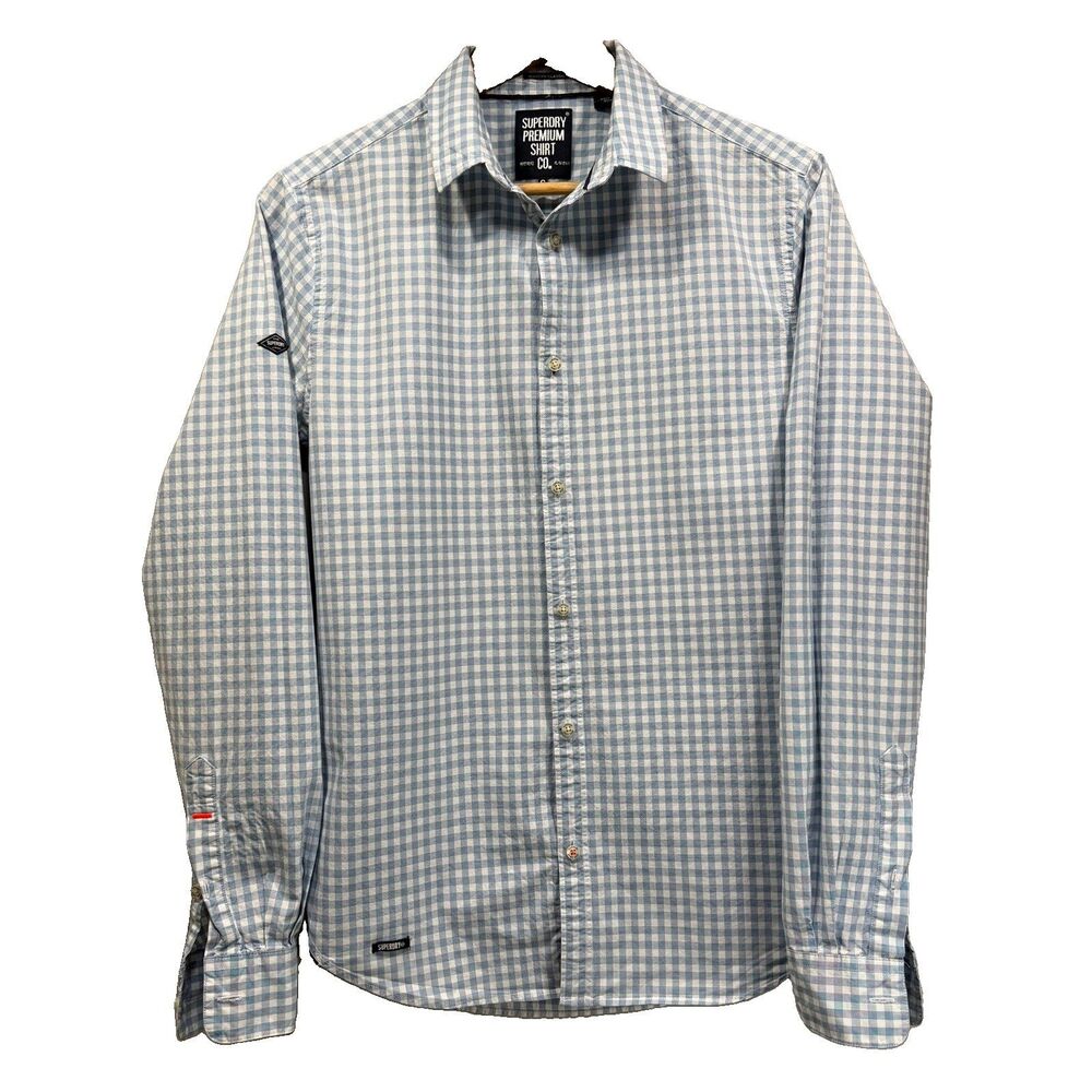 SUPERDRY Men's S Light Blue and White Gingham Long Sleeve Button Down Shirt